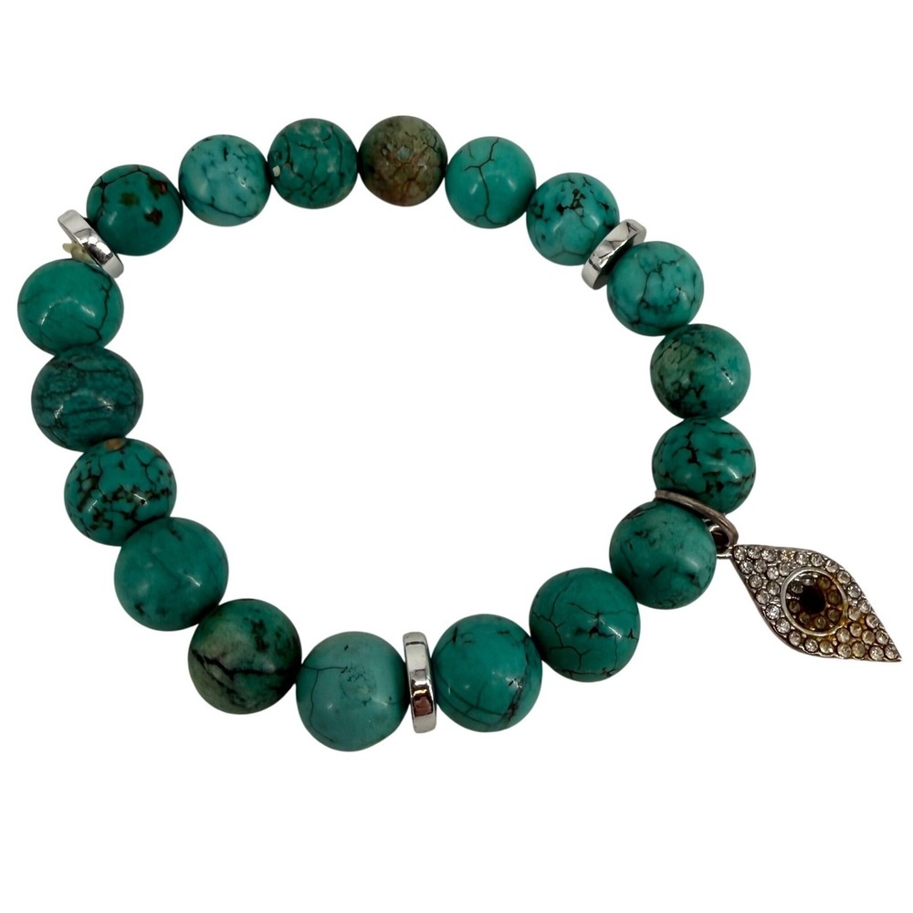 Turquoise Stone Beaded Stretch Bracelet Evil Eye Charm Boho Western Southwestern